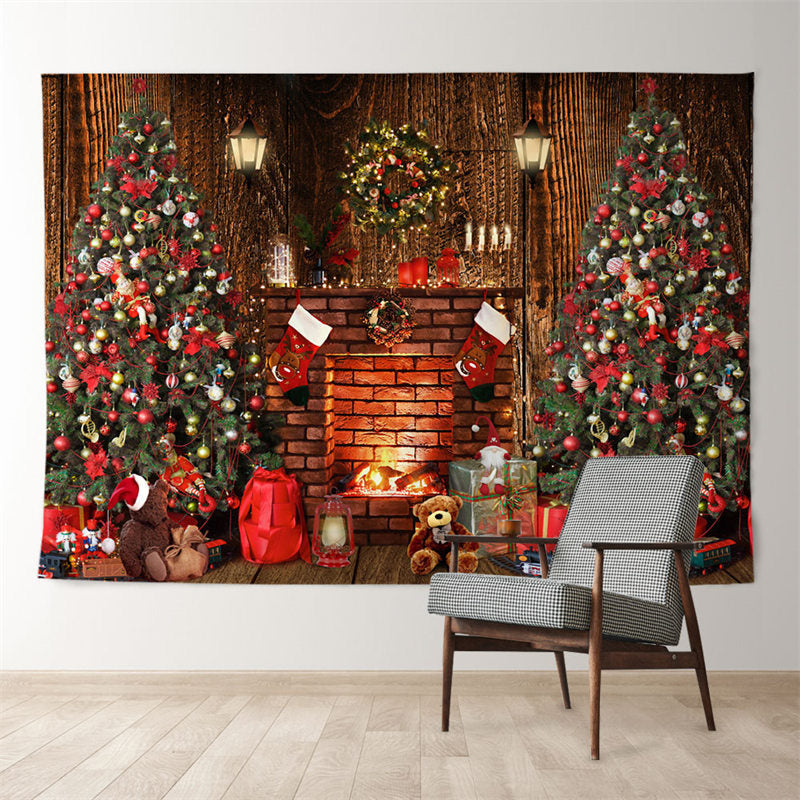 Aperturee - Red Theme Tree Fireplace Gifts Christmas Backdrop