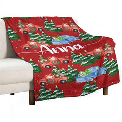 Aperturee - Red Trees Truck Custom Name Christmas Gift Blanket