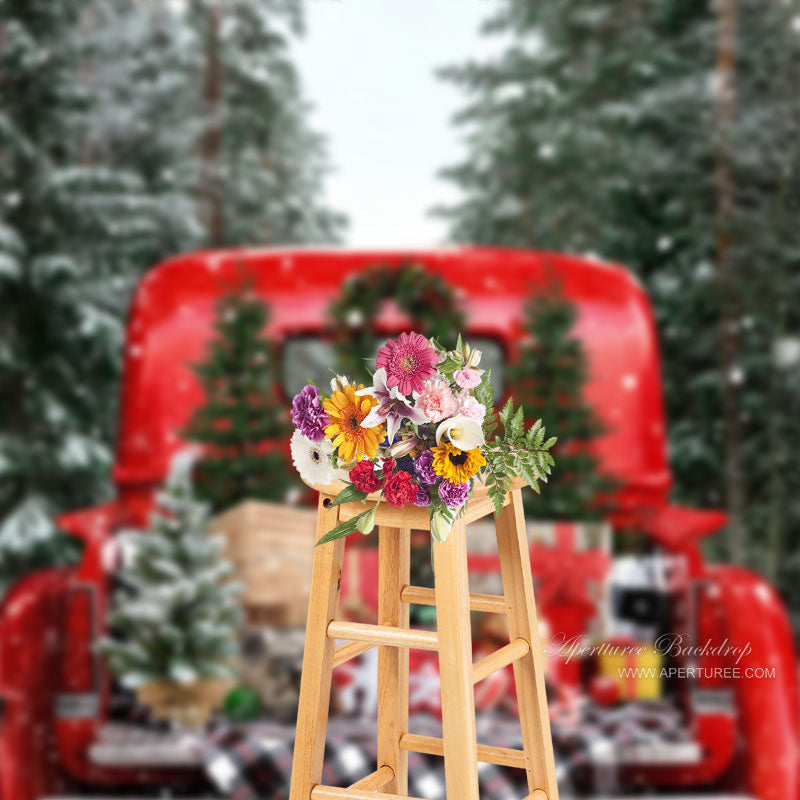 Aperturee - Red Truck Presents Snowy Christmas Tree Backdrop