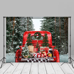 Aperturee - Red Truck Presents Snowy Christmas Tree Backdrop