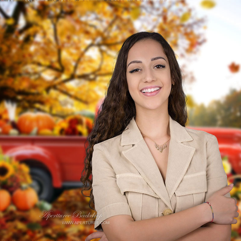 Aperturee - Red Truck Pumpkin Maple Tree Autumn Backdrop For Decor