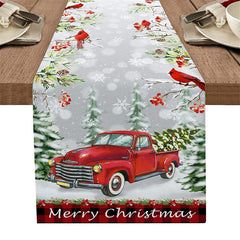 Aperturee - Red Truck Snowy Scene Forest Christmas Table Runner