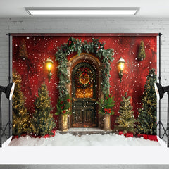 Aperturee - Red Wall Brown Door Trees Snowy Christmas Backdrop