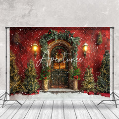 Aperturee - Red Wall Brown Door Trees Snowy Christmas Backdrop