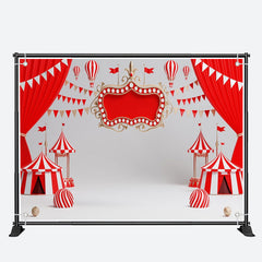 Aperturee - Red White Circus Tent Flag Happy Birthday Backdrop