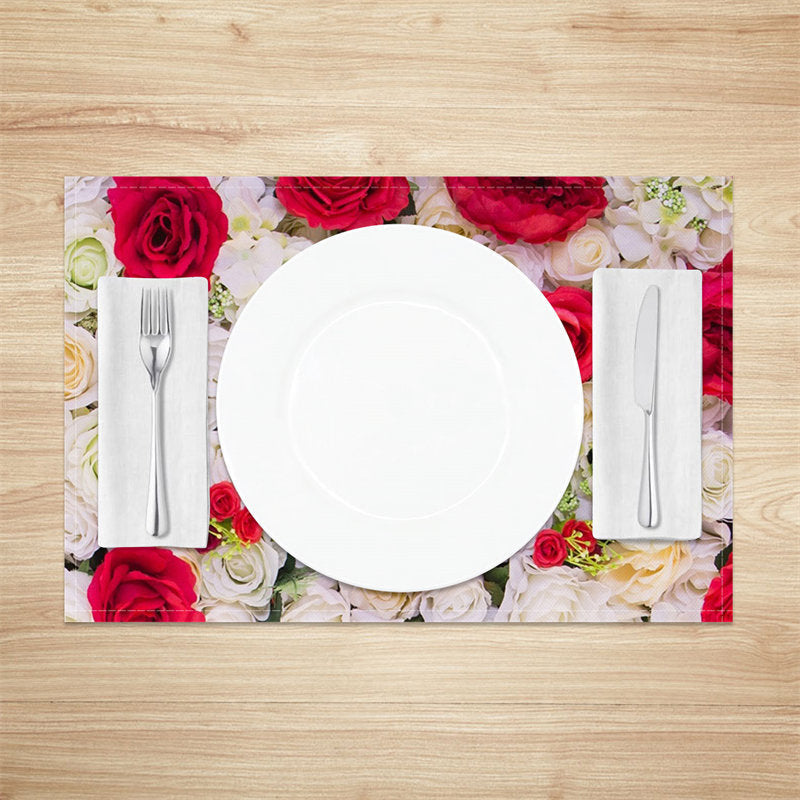 Aperturee - Red White Floral Romantic Dining Set Of 4 Placemats