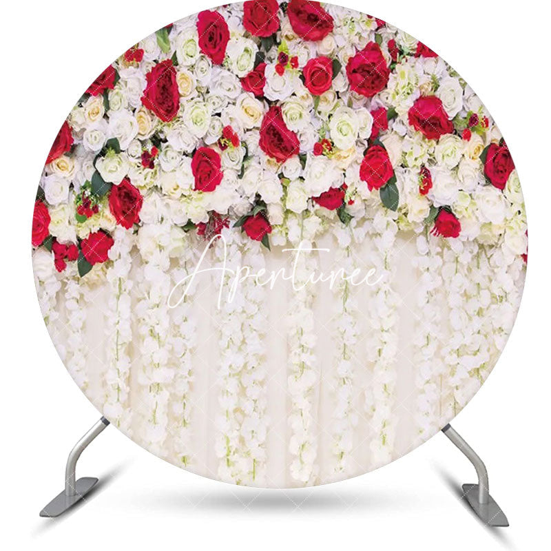 Aperturee - Red White Floral Tassel Leaf Round Wedding Backdrop