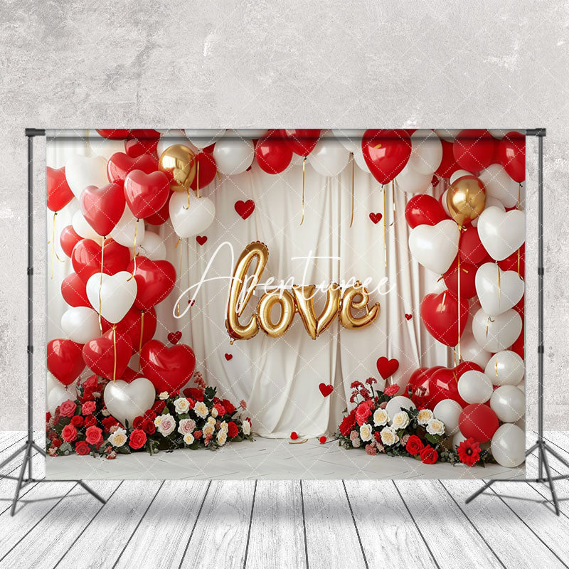 Aperturee - Red White Heart Balloon Love Valentines Day Backdrop