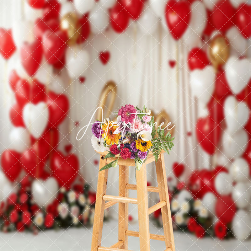 Aperturee - Red White Heart Balloon Love Valentines Day Backdrop