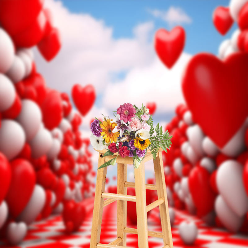 Aperturee - Red White Heart Rhombic Road Valentines Day Backdrop