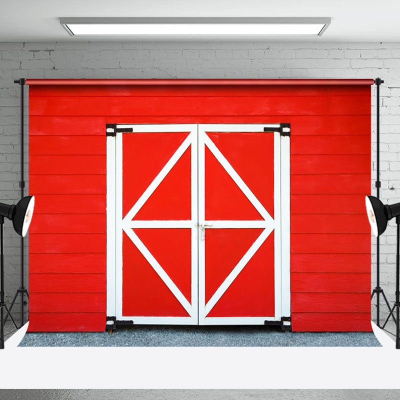 Aperturee - Red White Wooden Barn Door Retro Wall Photo Backdrop