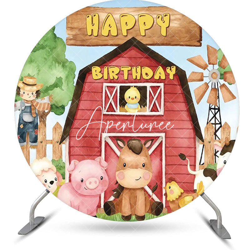 Aperturee - Red Wooden Barn Farm Animal Circle Birthday Backdrop