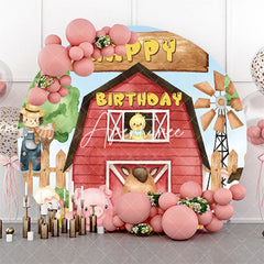 Aperturee - Red Wooden Barn Farm Animal Circle Birthday Backdrop