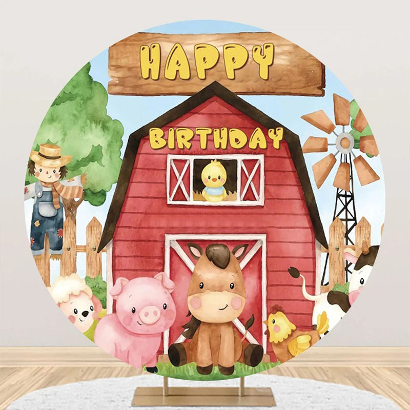 Aperturee - Red Wooden Barn Farm Animal Circle Birthday Backdrop