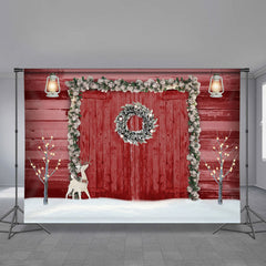 Aperturee - Red Wooden Gate Wreath Snowy Christmas Backdrop