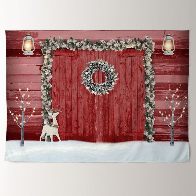 Aperturee - Red Wooden Gate Wreath Snowy Christmas Backdrop