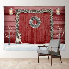 Aperturee - Red Wooden Gate Wreath Snowy Christmas Backdrop