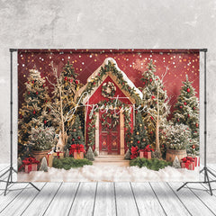 Aperturee - Red Wooden House Trees Snow Gifts Christmas Backdrop