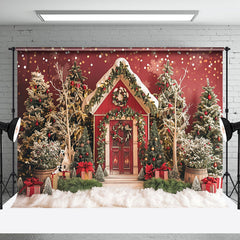 Aperturee - Red Wooden House Trees Snow Gifts Christmas Backdrop