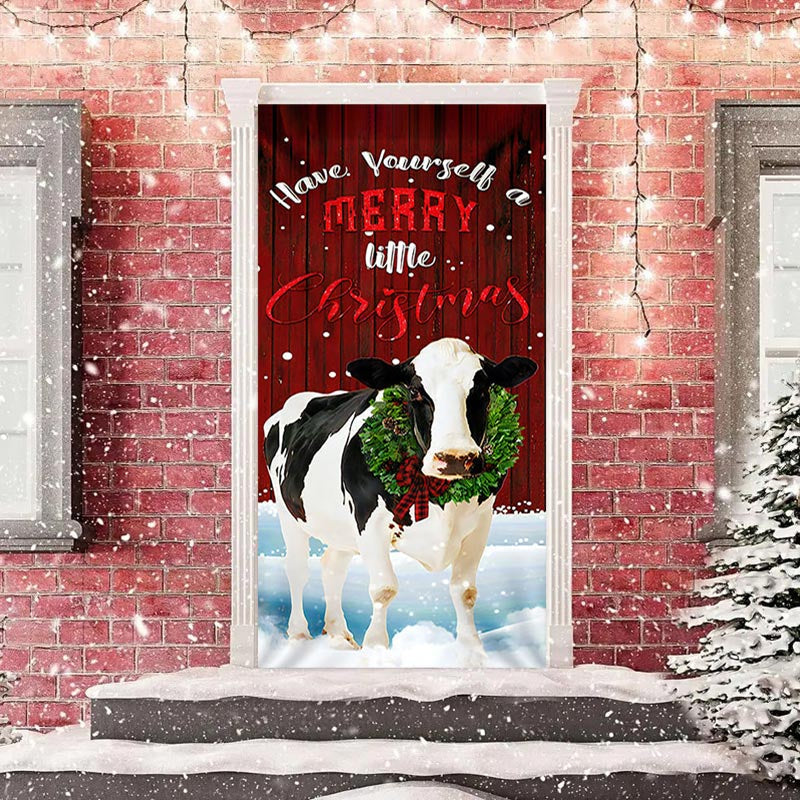 Aperturee - Red Wooden Wall Milk Cow Snowy Christmas Door Cover