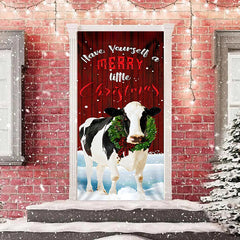 Aperturee - Red Wooden Wall Milk Cow Snowy Christmas Door Cover