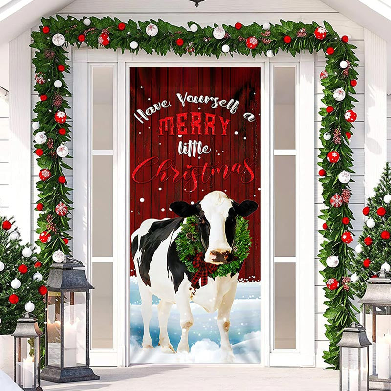 Aperturee - Red Wooden Wall Milk Cow Snowy Christmas Door Cover