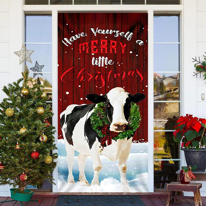 Aperturee - Red Wooden Wall Milk Cow Snowy Christmas Door Cover