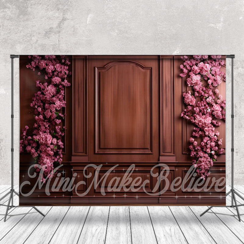 Aperturee - Reddish Brown Wooden Wall Pink Flowers Backdrop