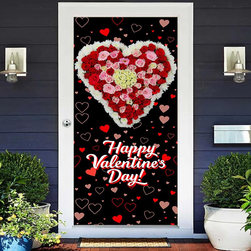 Aperturee - Repeat Heart Floral Black Valentines Day Door Cover