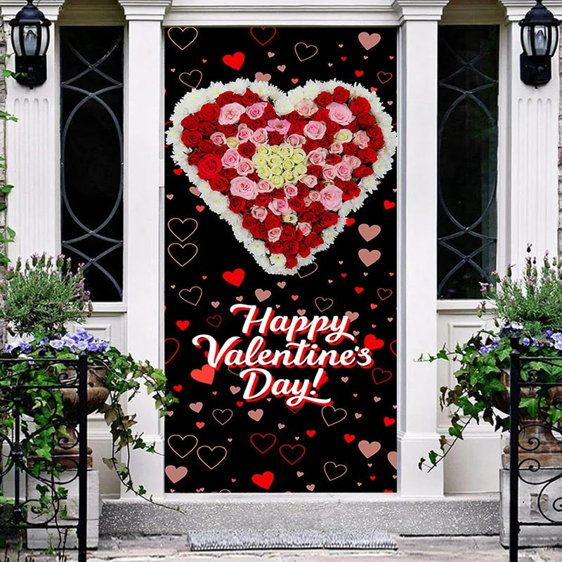 Aperturee - Repeat Heart Floral Black Valentines Day Door Cover