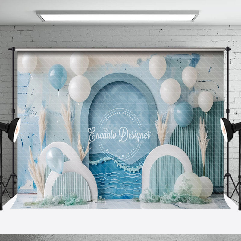 Aperturee - Retro Arch Balloons Beach Summer Cake Smash Backdrop