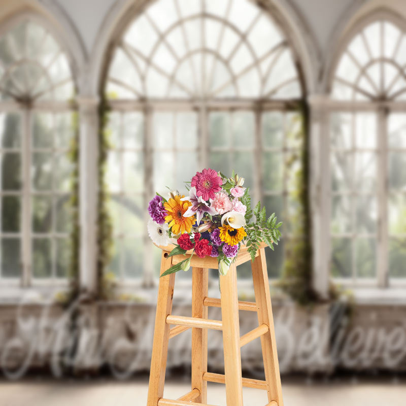 Aperturee - Retro Arch Spring Scene White Window Photo Backdrop