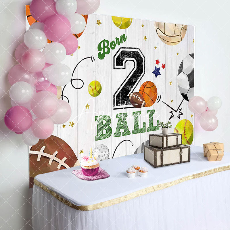 Aperturee - Retro Balls Sports Wood Grain 2nd Birthday Backdrop