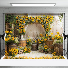 Aperturee - Retro Barrel Greenery Sunflower Cake Smash Backdrop