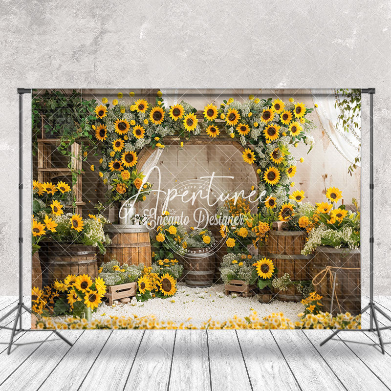 Aperturee - Retro Barrel Greenery Sunflower Cake Smash Backdrop