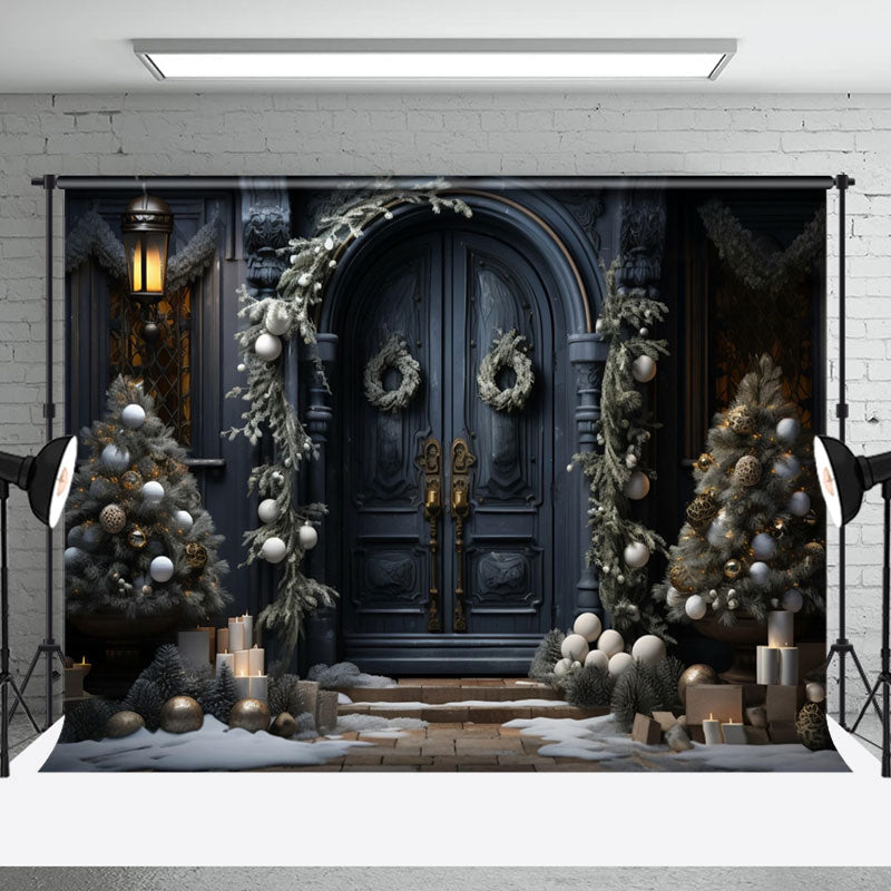 Aperturee - Retro Black Door Xmas Trees Gifts Christmas Backdrop