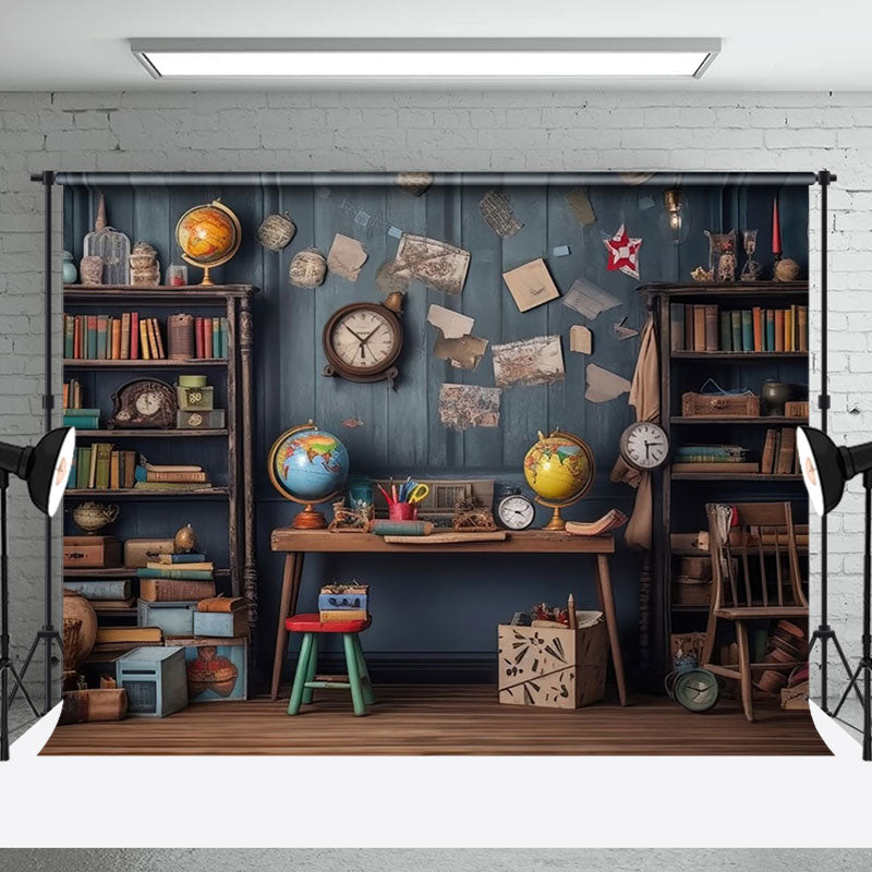 Aperturee - Retro Black Wall Globe Bookcase Photography Backdrop