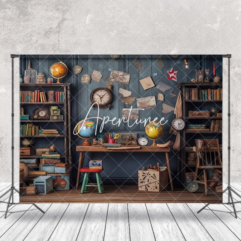 Aperturee - Retro Black Wall Globe Bookcase Photography Backdrop