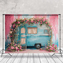 Aperturee - Retro Blue Car Pink Peach Blossom Spring Backdrop