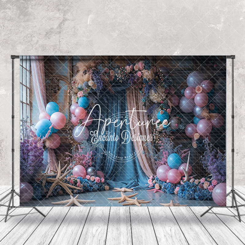 Aperturee - Retro Blue Pink Starfish Balloon Cake Smash Backdrop