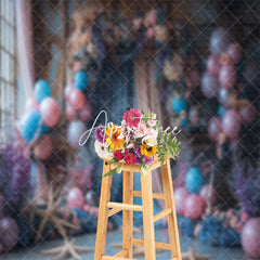 Aperturee - Retro Blue Pink Starfish Balloon Cake Smash Backdrop