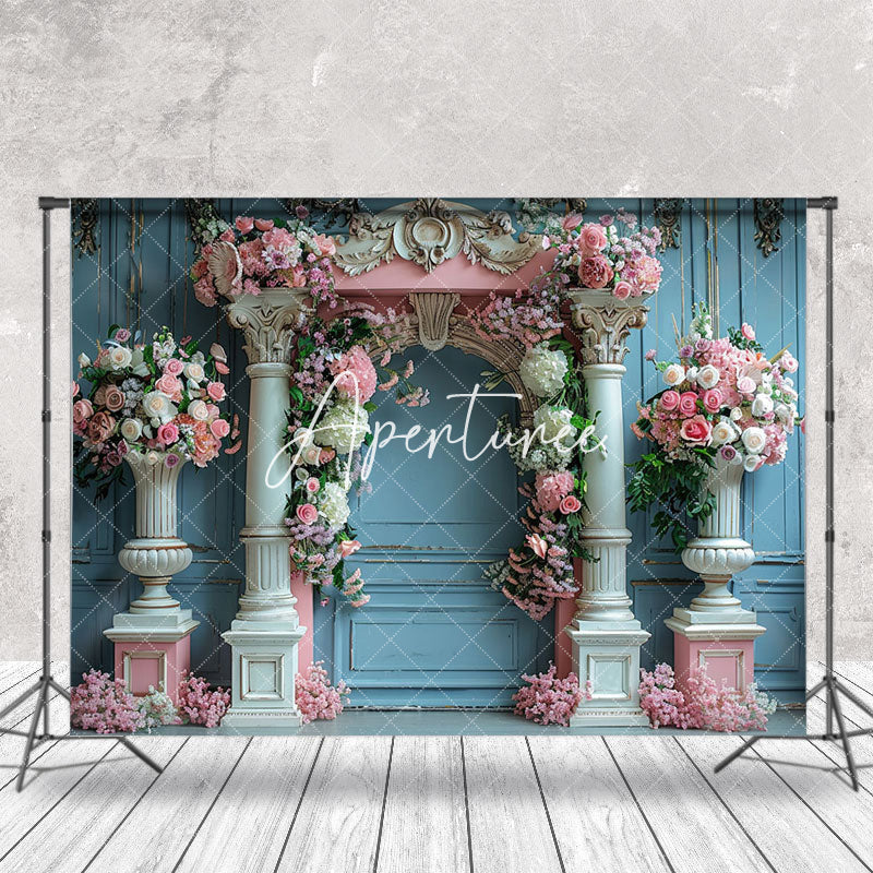 Aperturee - Retro Blue Wall Luxury Arch Floral Wedding Backdrop