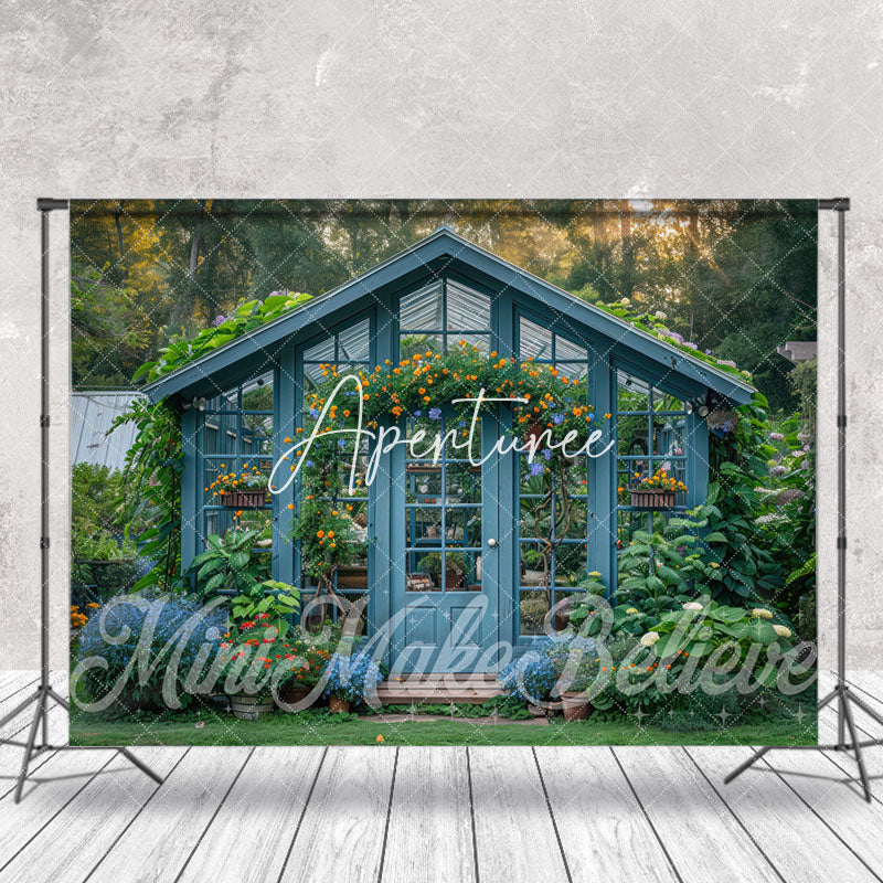 Aperturee - Retro Blue Wood House Greenery Spring Photo Backdrop