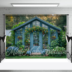 Aperturee - Retro Blue Wood House Greenery Spring Photo Backdrop