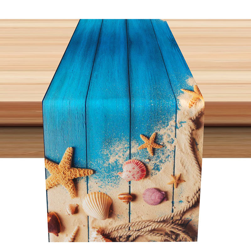 Aperturee - Retro Blue Wood Wall Sand Shell Coastal Table Runner