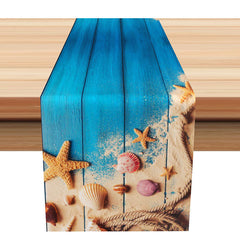 Aperturee - Retro Blue Wood Wall Sand Shell Coastal Table Runner