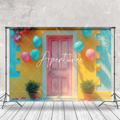 Aperturee - Retro Blue Yellow Pink Plant Door Backdrop For Photo