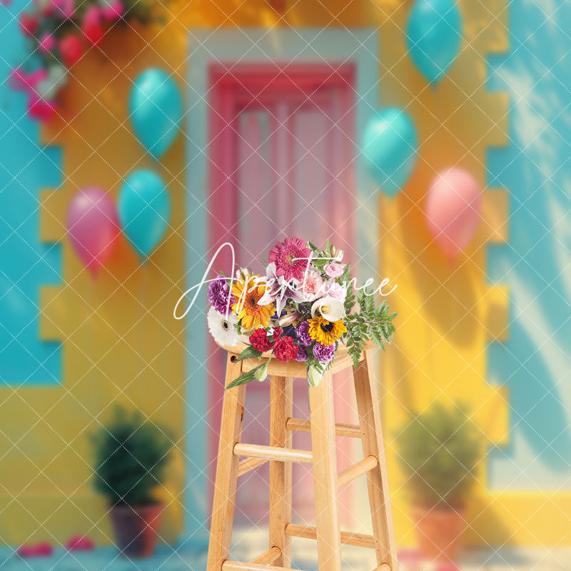 Aperturee - Retro Blue Yellow Pink Plant Door Backdrop For Photo