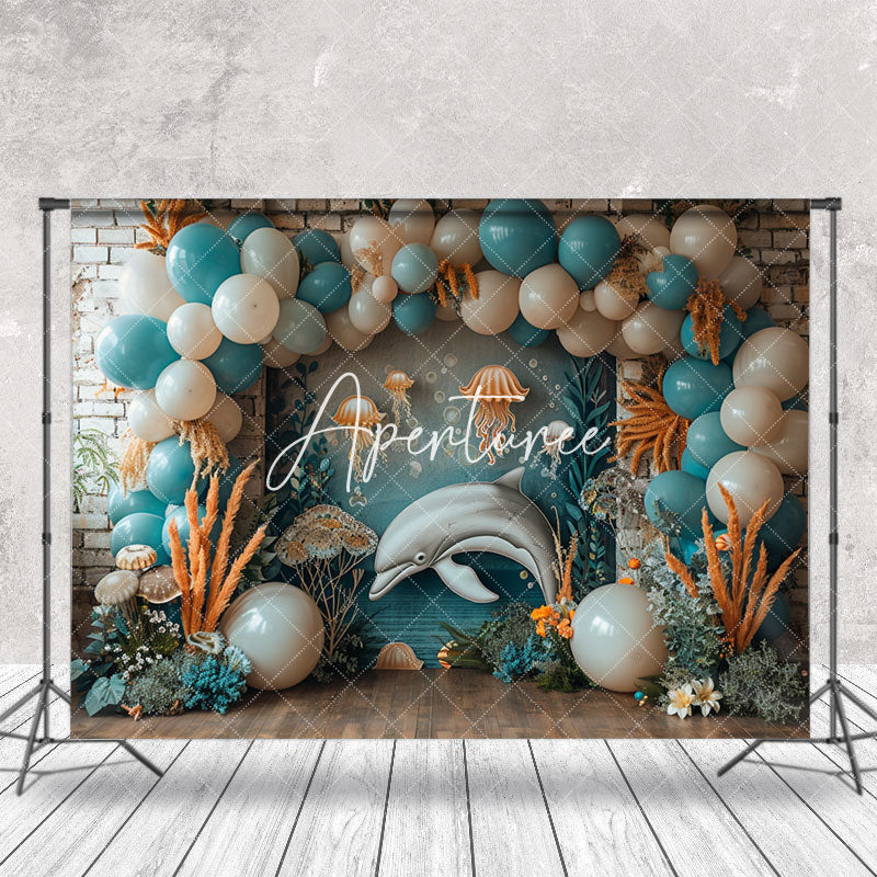 Aperturee - Retro Brick Wall Balloon Dolphin Cake Smash Backdrop