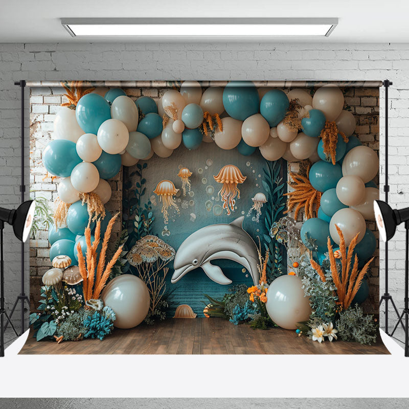 Aperturee - Retro Brick Wall Balloon Dolphin Cake Smash Backdrop